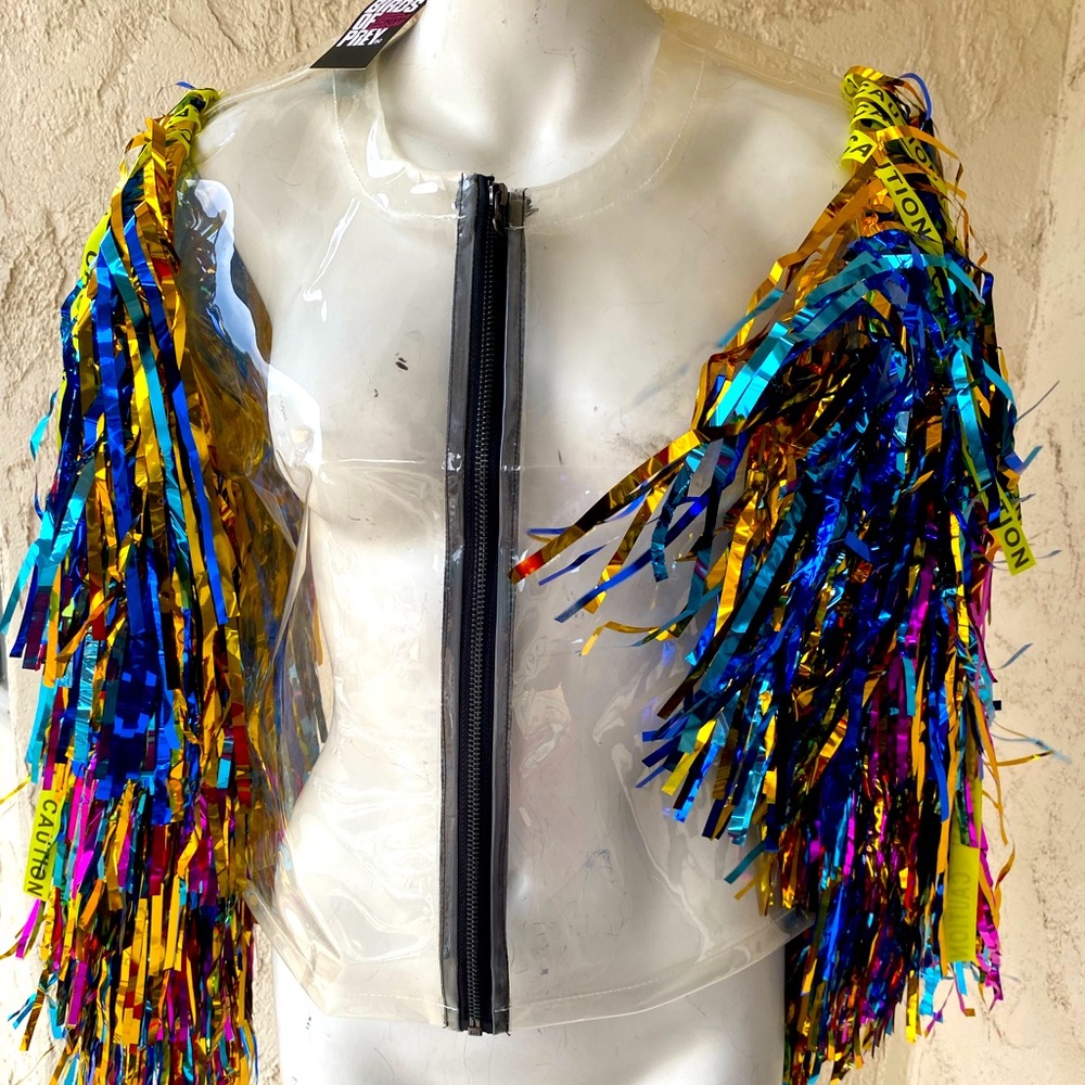 New Birds of Prey Pom Pom clear vinyl jacket Harley Quinn caution tape jacket